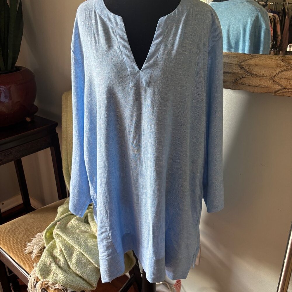 Lands End Womens Light Blue Linen-Blend Tunic Top XL With V-Neck & Side Slits
